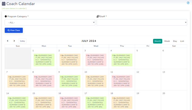 ClubSys calendar for football academy training sessions