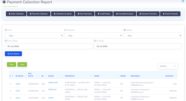 ClubSys payment collection report for a fitness club