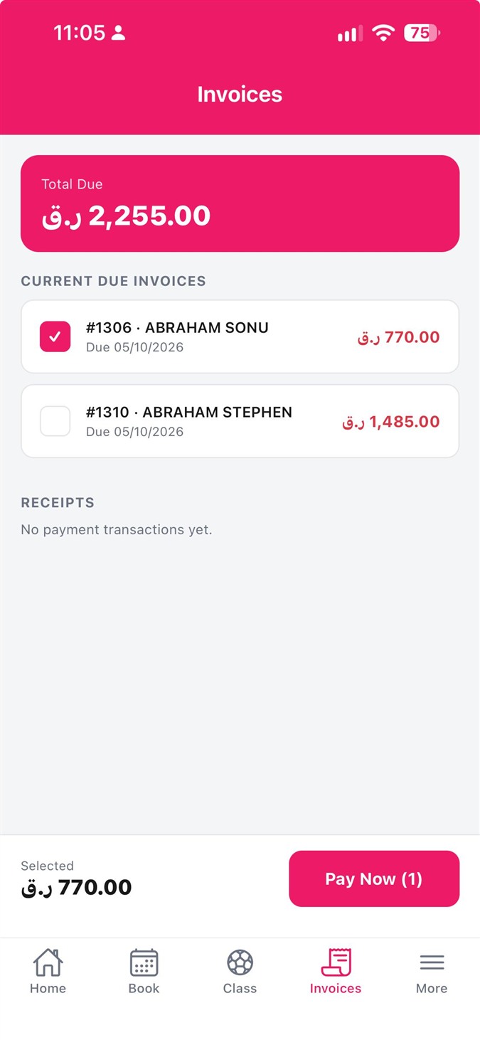 Club-branded mobile app showing member invoices and payment options