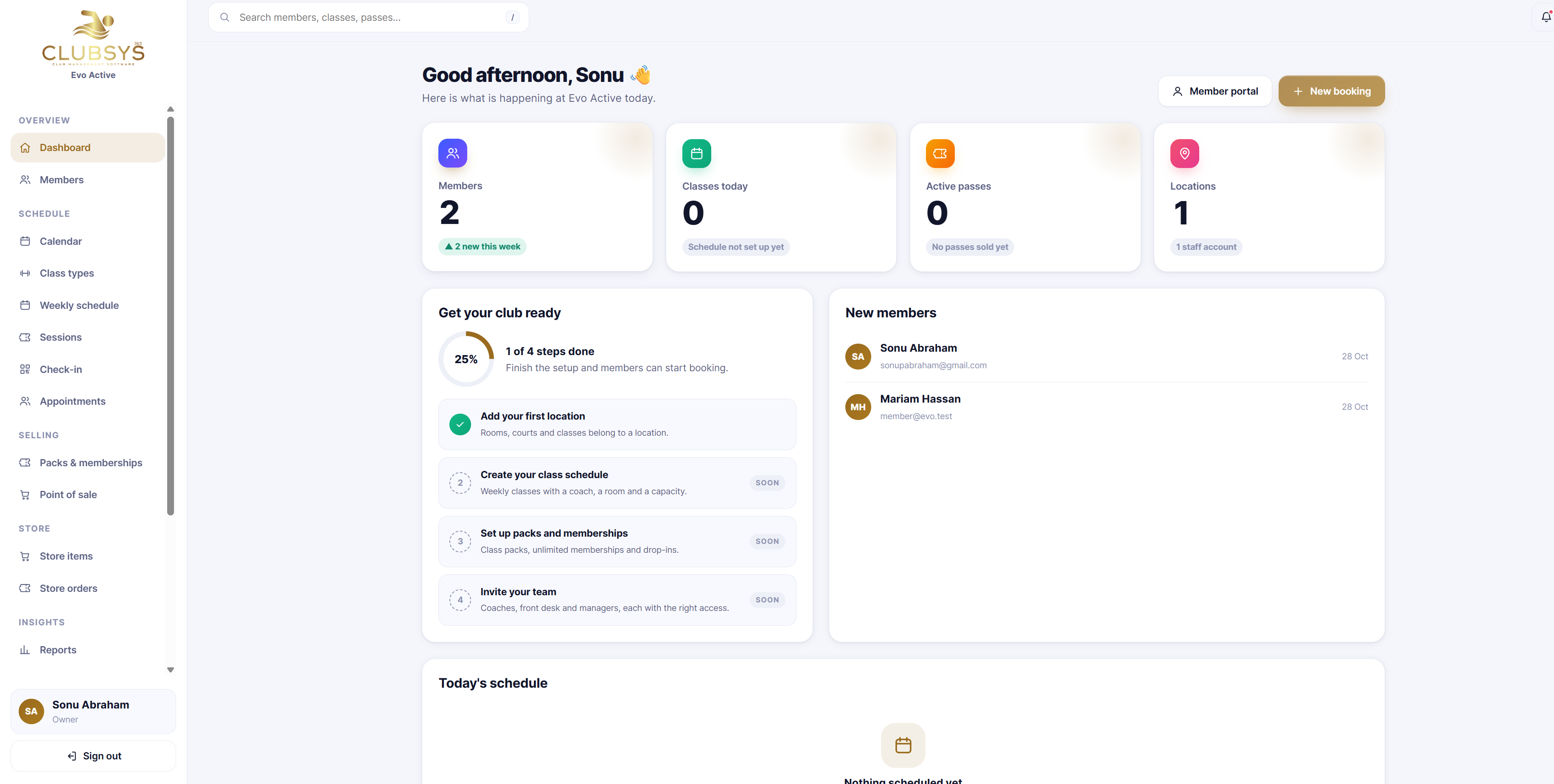 ClubSys365 dashboard for members, classes, passes and locations
