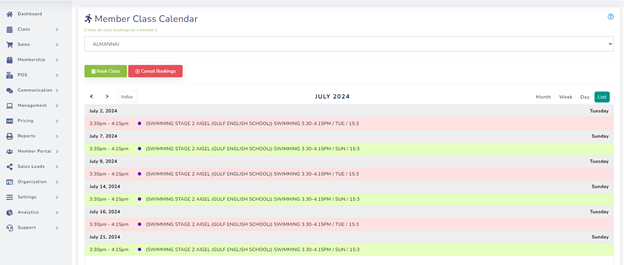 ClubSys class calendar for studio lessons and rehearsals